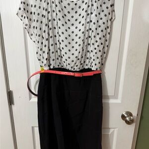 Alyx Black and White Polka Dot Midi Dress with Coral Belt